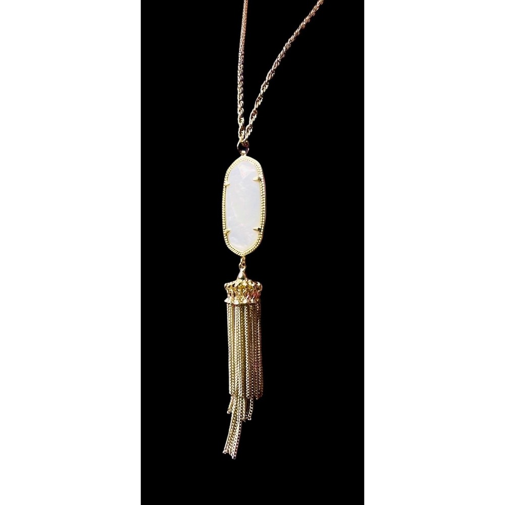 Kendra Scott Rayne Mother of Pearl Gold Tone Tassel Necklace 30" Rope Chain